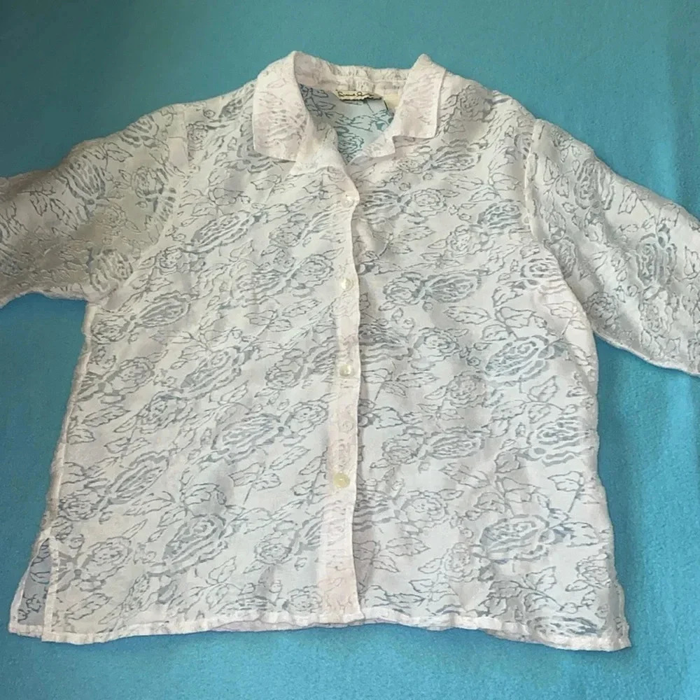 FRENCH LAUNDRY floral lace button up semi sheer 3/4 sleeve white size XL